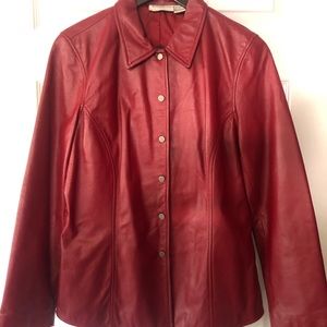 Leather snap front dark red leather shirt jacket